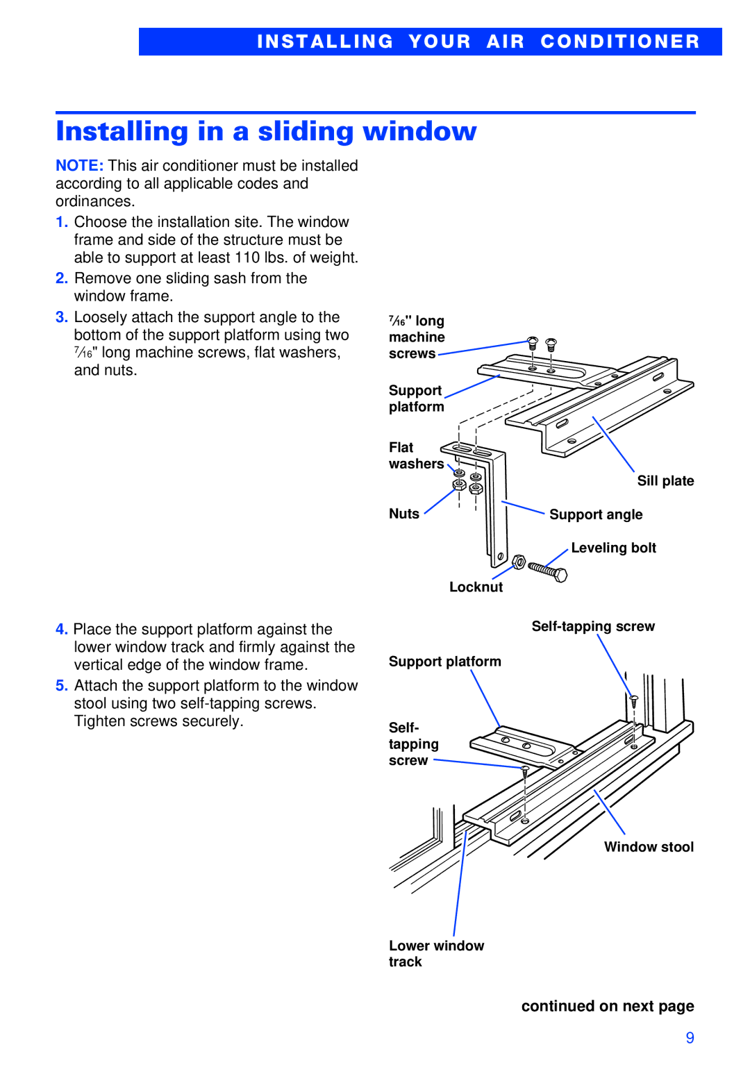 Whirlpool ACS052XH1 warranty Installing in a sliding window, On next 