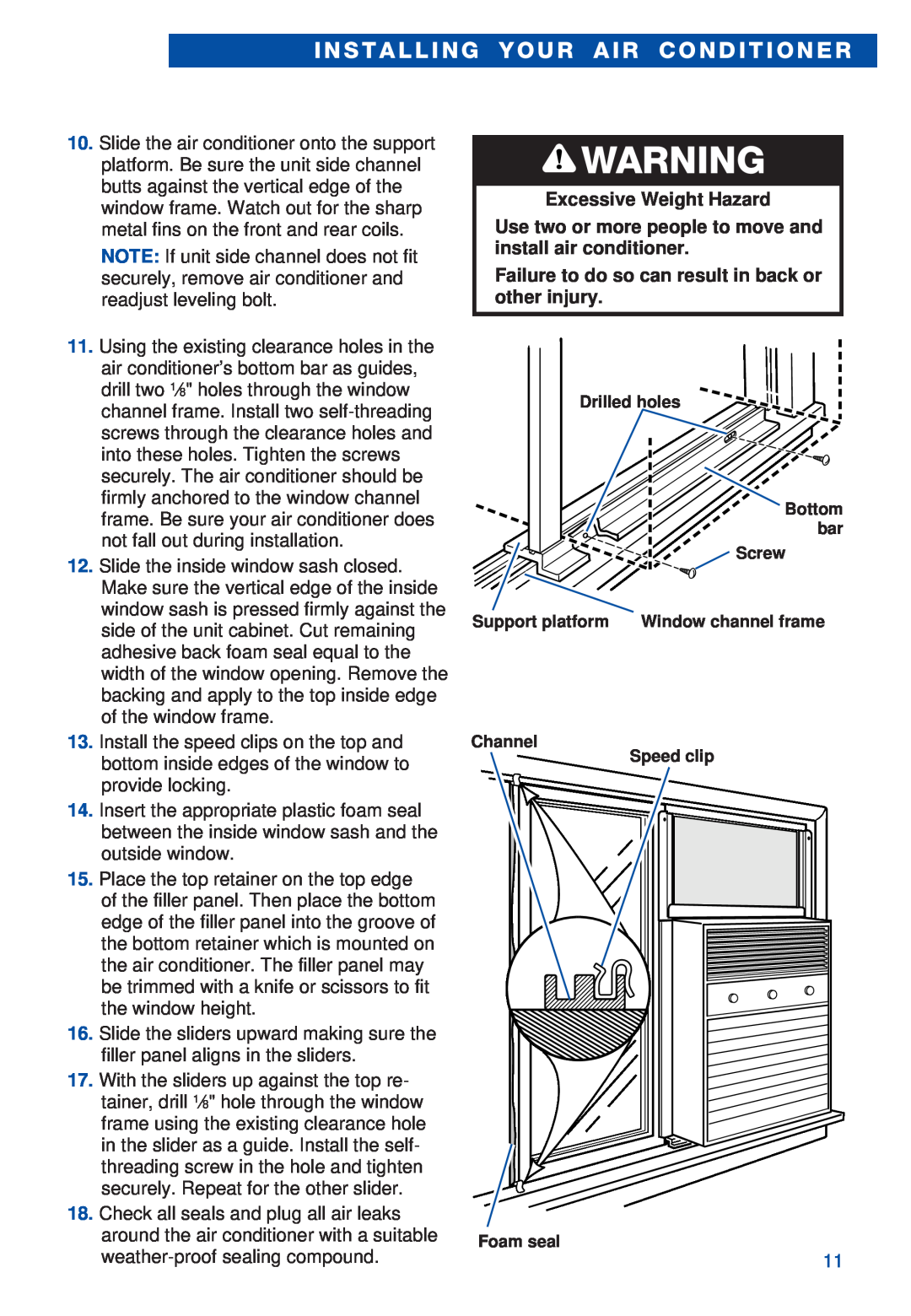 Whirlpool ACS052XH1 Excessive Weight Hazard, Use two or more people to move and, install air conditioner, other injury 