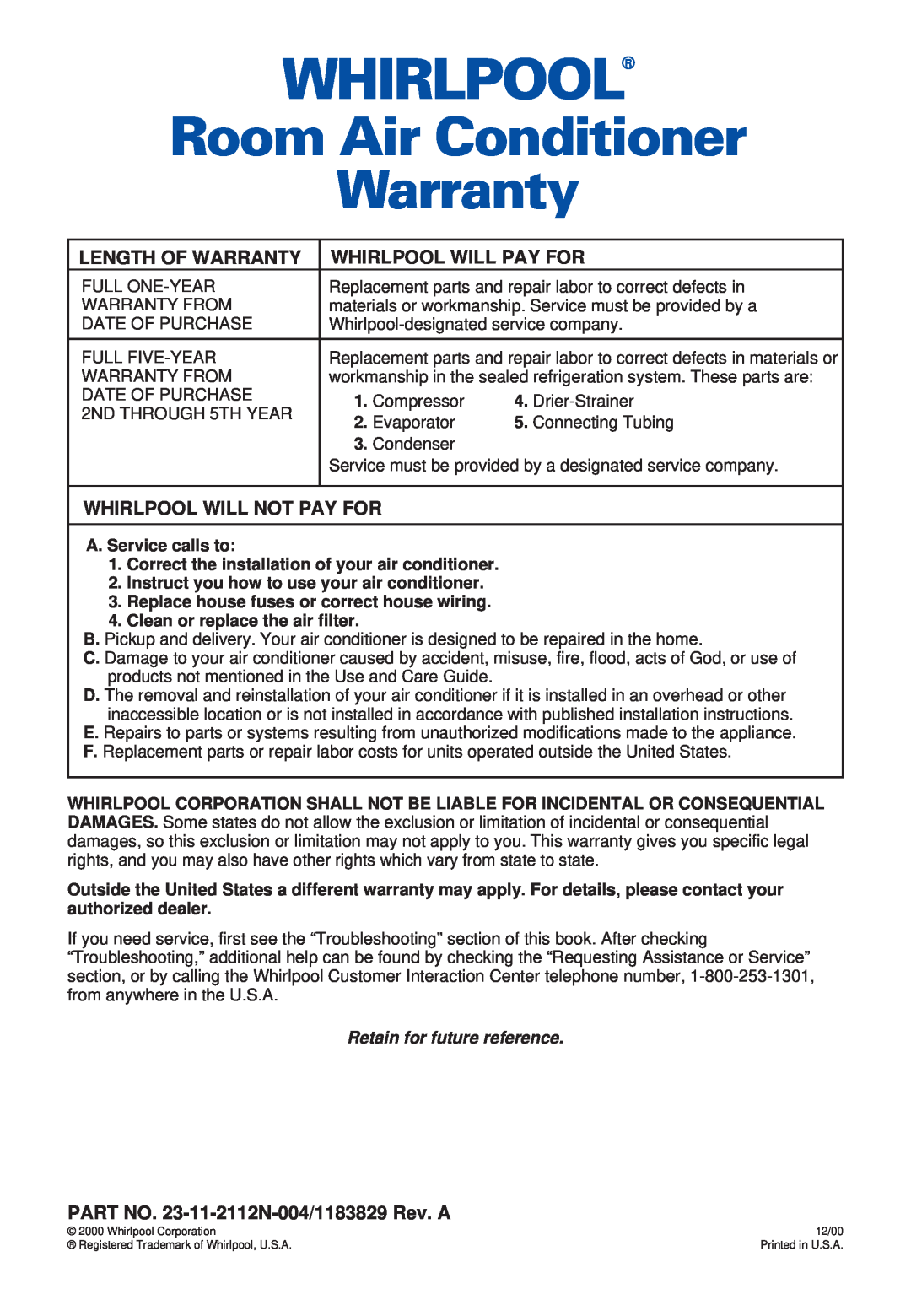 Whirlpool ACS052XH1 warranty Whirlpool, Room Air Conditioner Warranty, Retain for future reference 