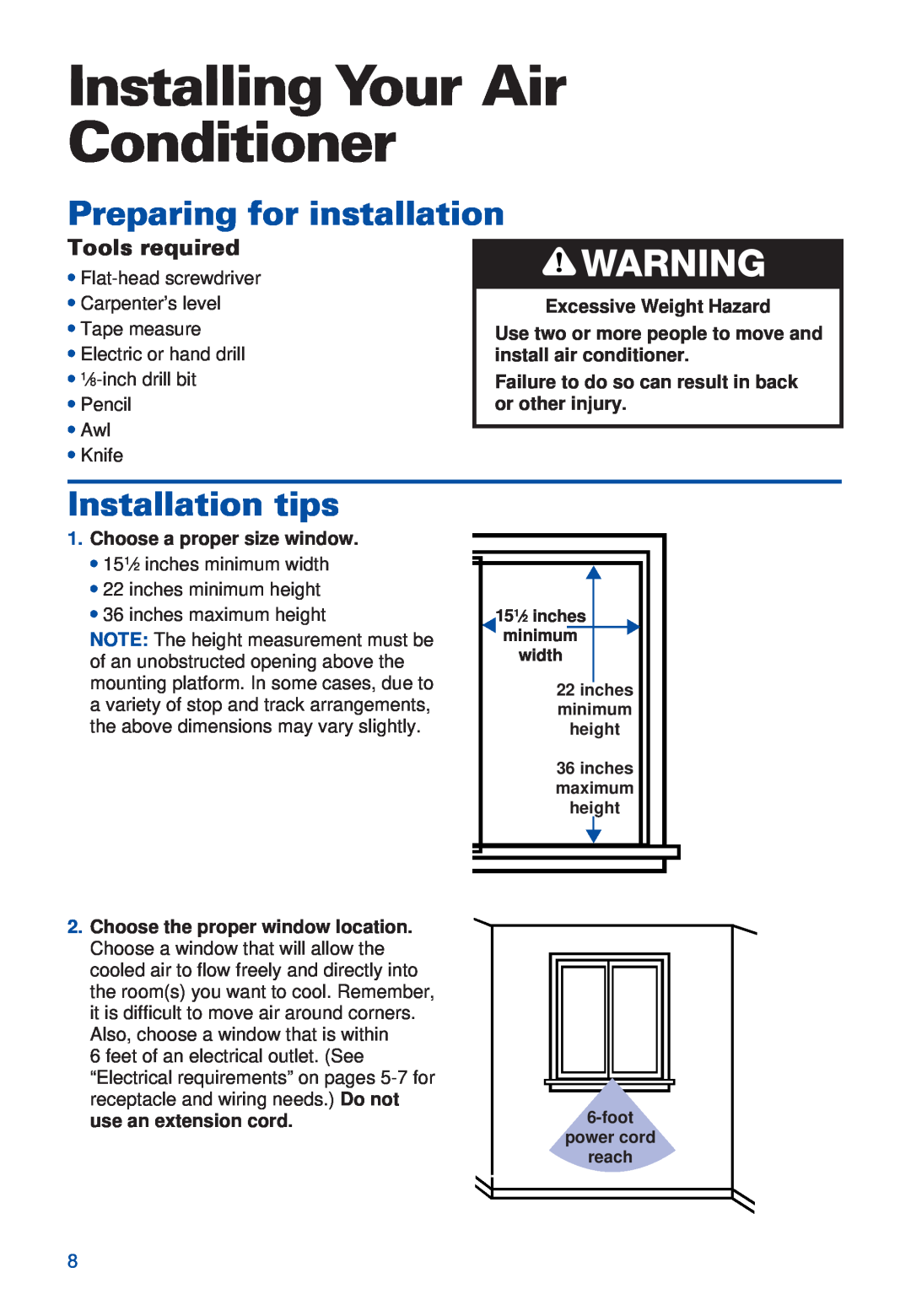 Whirlpool ACS052XH1 warranty Installing Your Air Conditioner, Preparing for installation, Installation tips, Tools required 