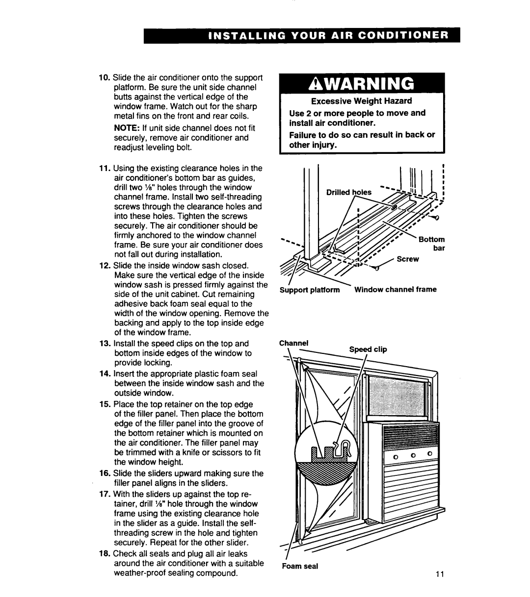 Whirlpool ACSl02XE, ACS072XE warranty SUpport platform Window channel frame Channel Foam seal 