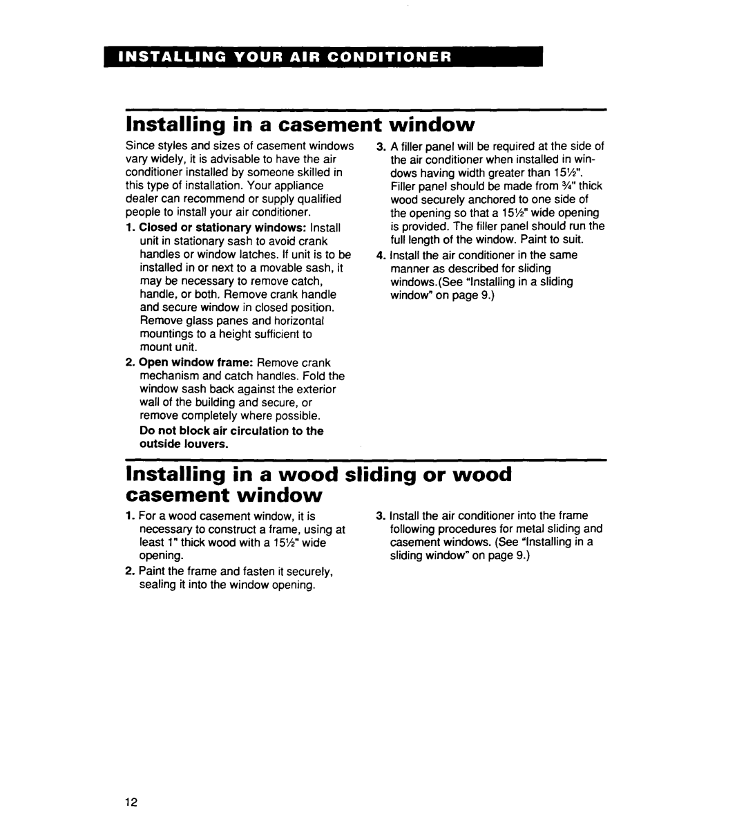 Whirlpool ACS072XE, ACSl02XE warranty Installing in a casement, Window, Installing in a wood sliding or wood casement window 