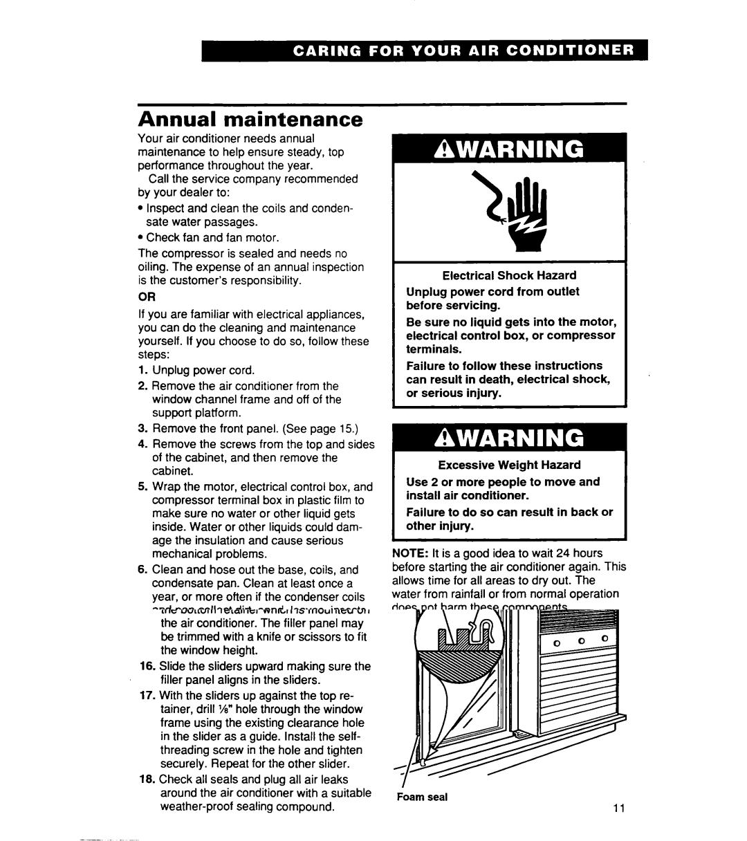 Whirlpool ACSl02XE, ACS072XE warranty Annual maintenance 