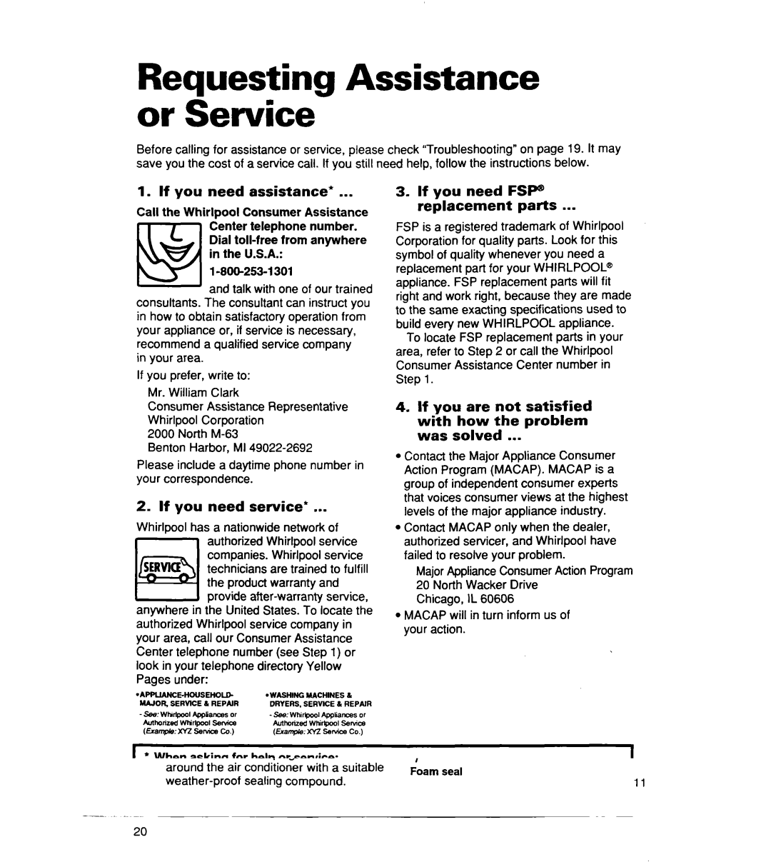 Whirlpool ACS072XE, ACSl02XE warranty Requesting Assistance or Service, If you need assistance, If you need service 