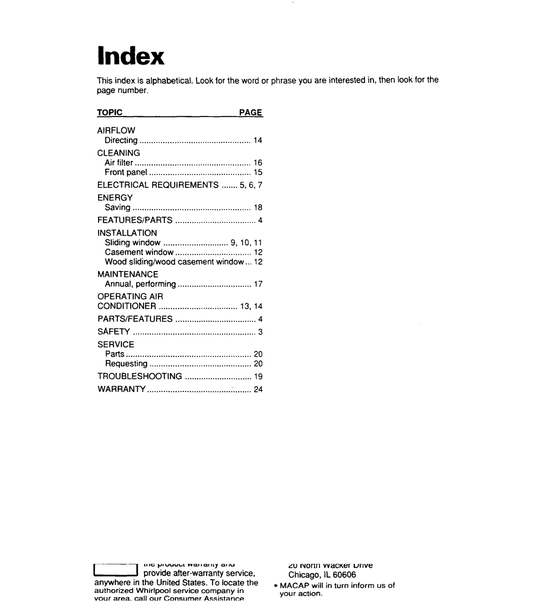 Whirlpool ACSl02XE, ACS072XE warranty Index 