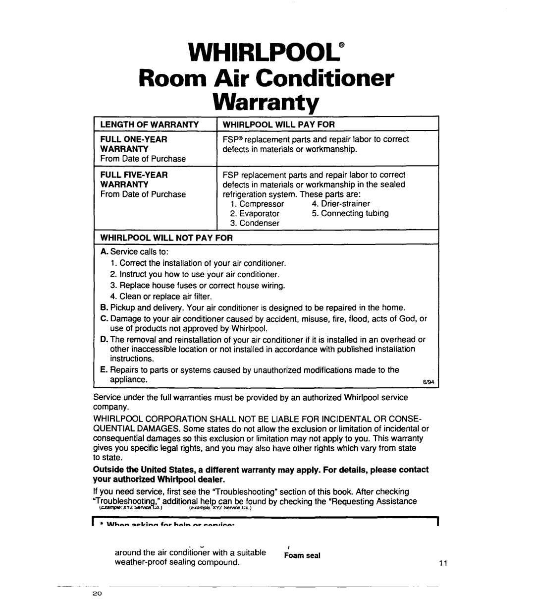 Whirlpool ACS072XE, ACSl02XE warranty Whirlpool 