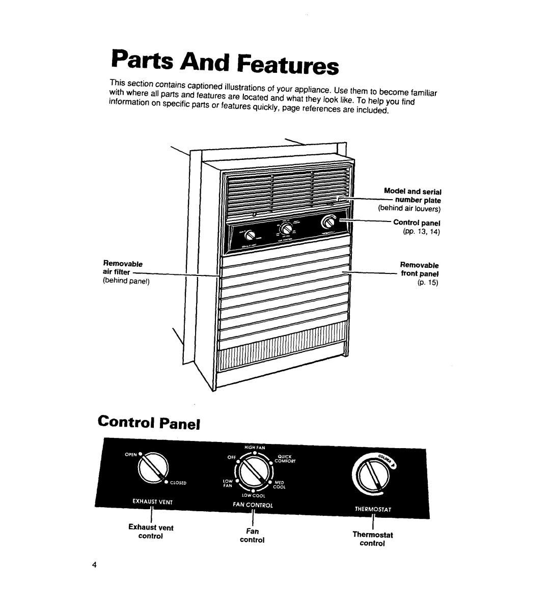 Whirlpool ACS072XE, ACSl02XE warranty Parts And Features, Control Panel 