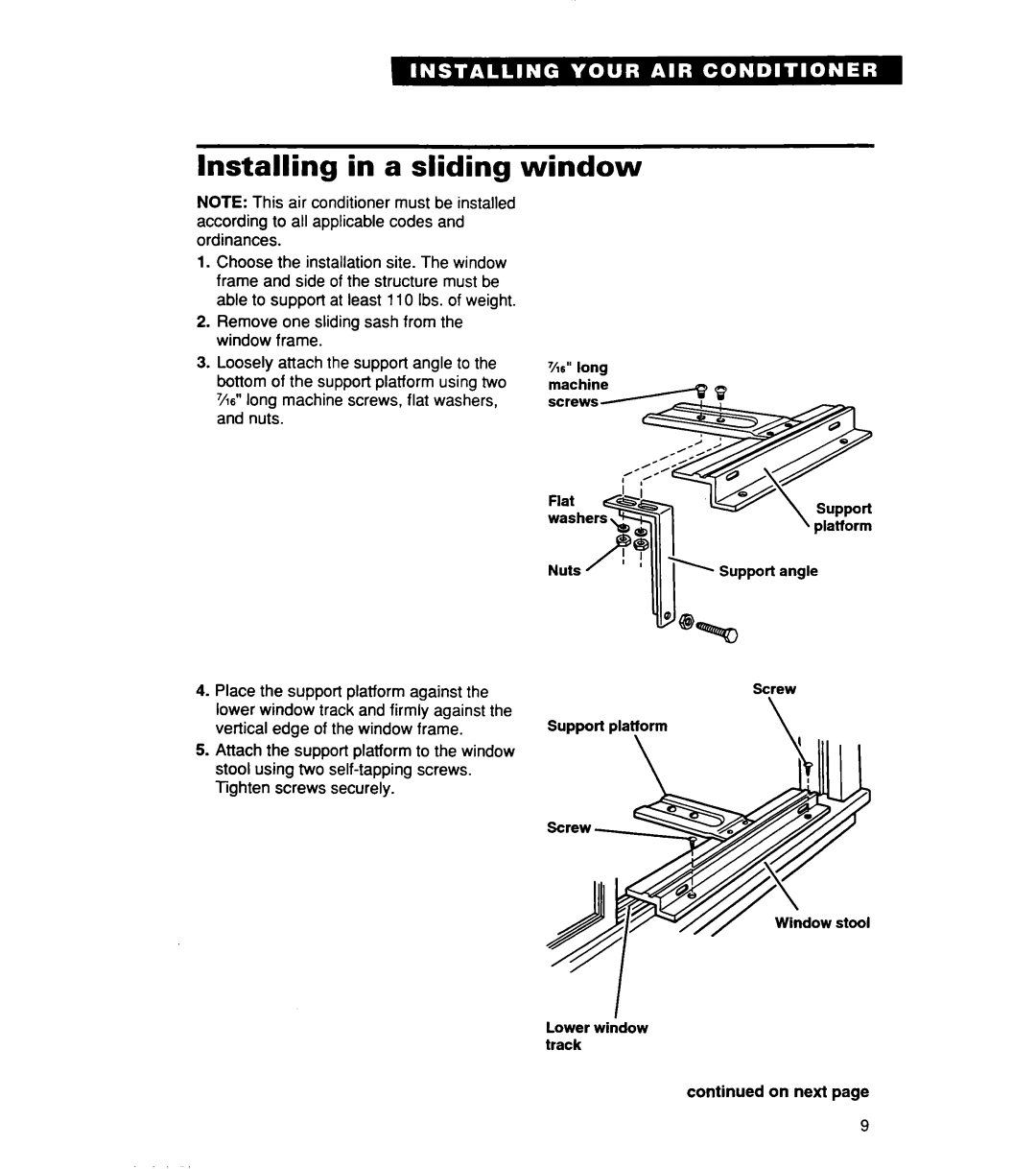 Whirlpool ACSl02XE, ACS072XE warranty Installing in a sliding window 