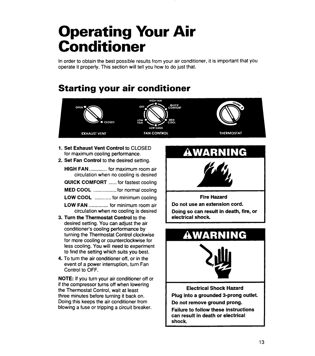 Whirlpool ACSl02XE, ACS072XE warranty Operating Your Air Conditioner, Starting your air conditioner 
