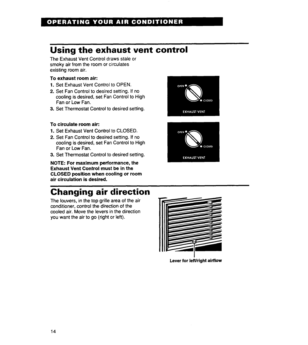 Whirlpool ACS072XE, ACSl02XE warranty Using the exhaust vent control, Changing air direction 