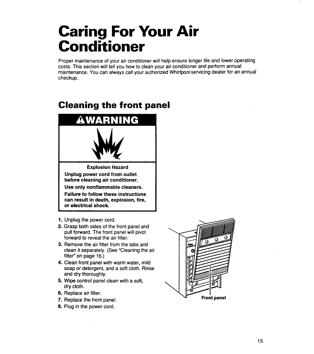 Whirlpool ACSl02XE, ACS072XE warranty Caring For Your Air Conditioner, Cleaning the front panel 