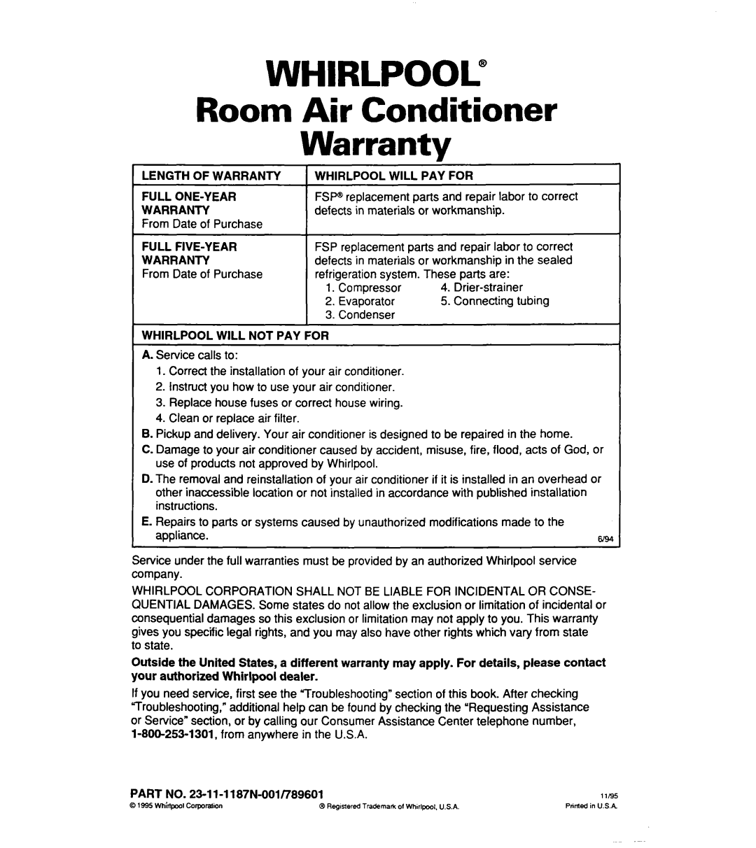 Whirlpool ACS072XE, ACSl02XE warranty Whirlpool”, Room Air Conditioner Warranty 
