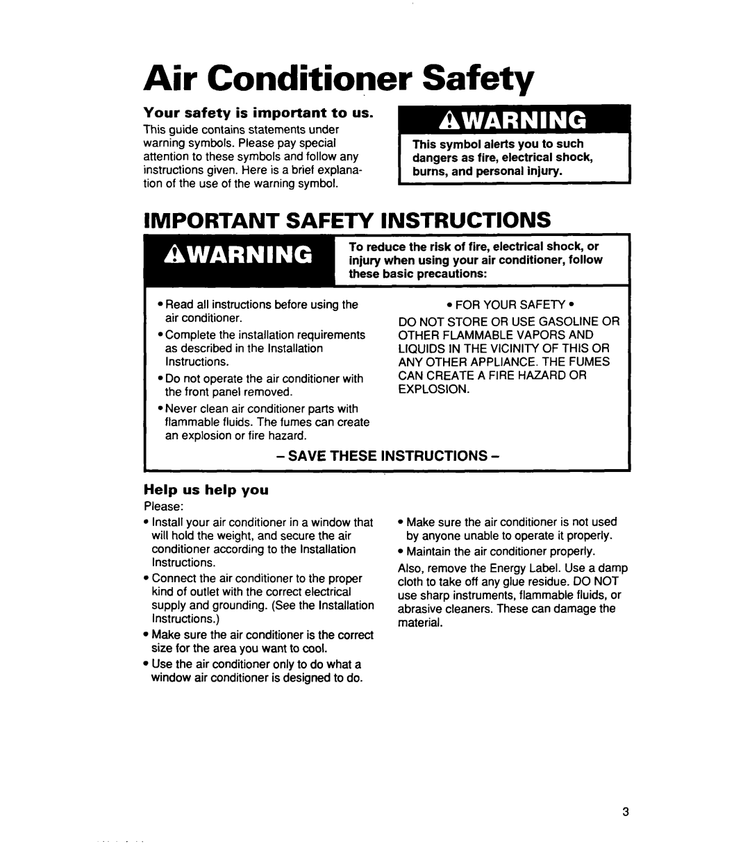 Whirlpool ACSl02XE, ACS072XE warranty Air Conditioner Safety, Important Safety Instructions, SAVE THESE Help us help you 