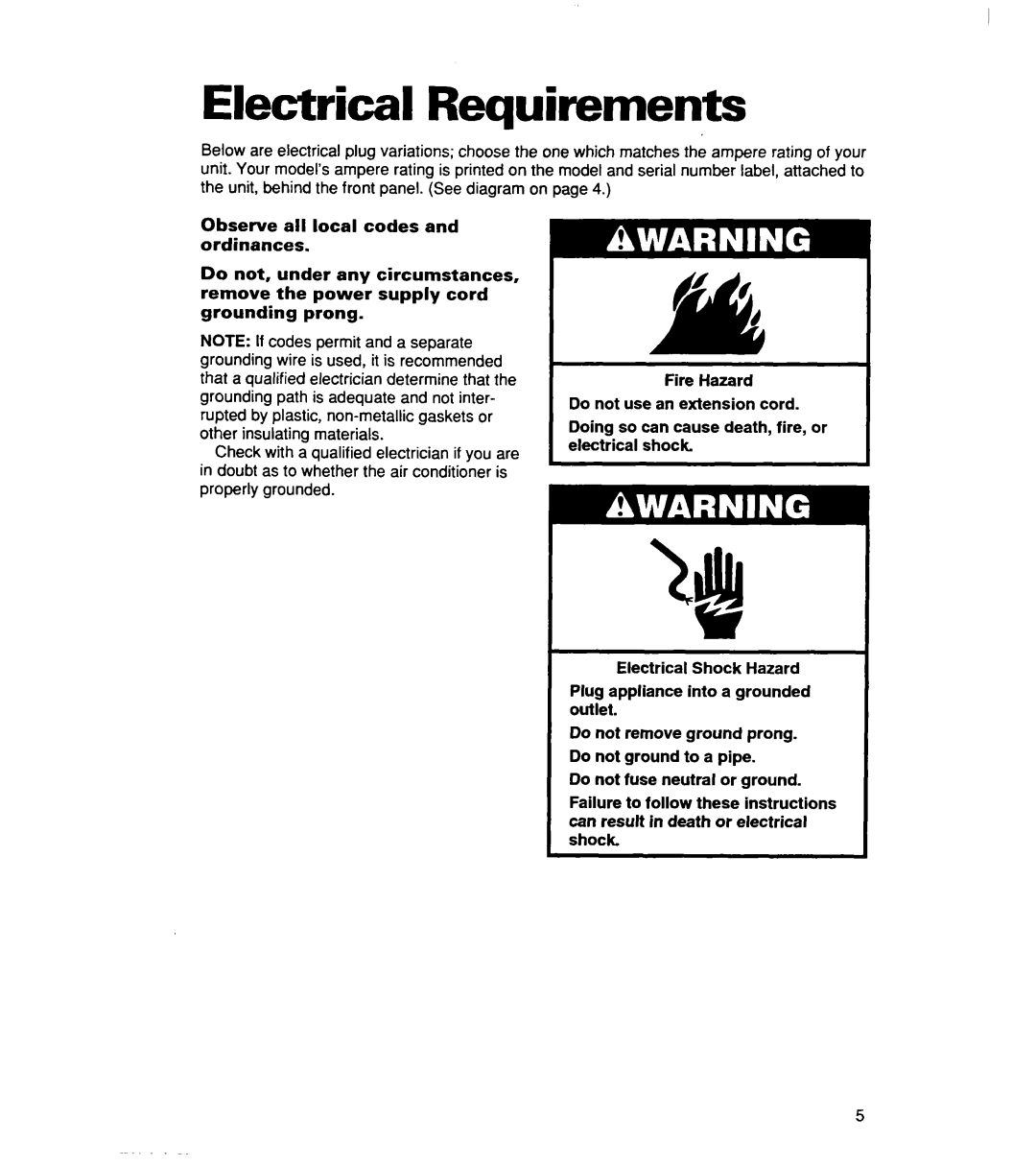 Whirlpool ACSl02XE, ACS072XE warranty Electrical Requirements, Observe all local codes and ordinances, grounding prong 