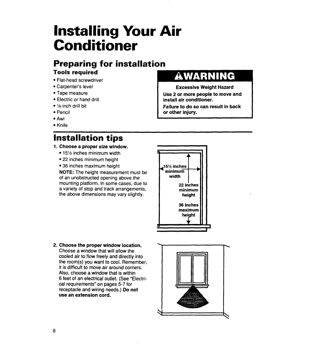Whirlpool ACS072XE warranty Installing Your Air Conditioner, Preparing for installation, Installation tips, Tools required 