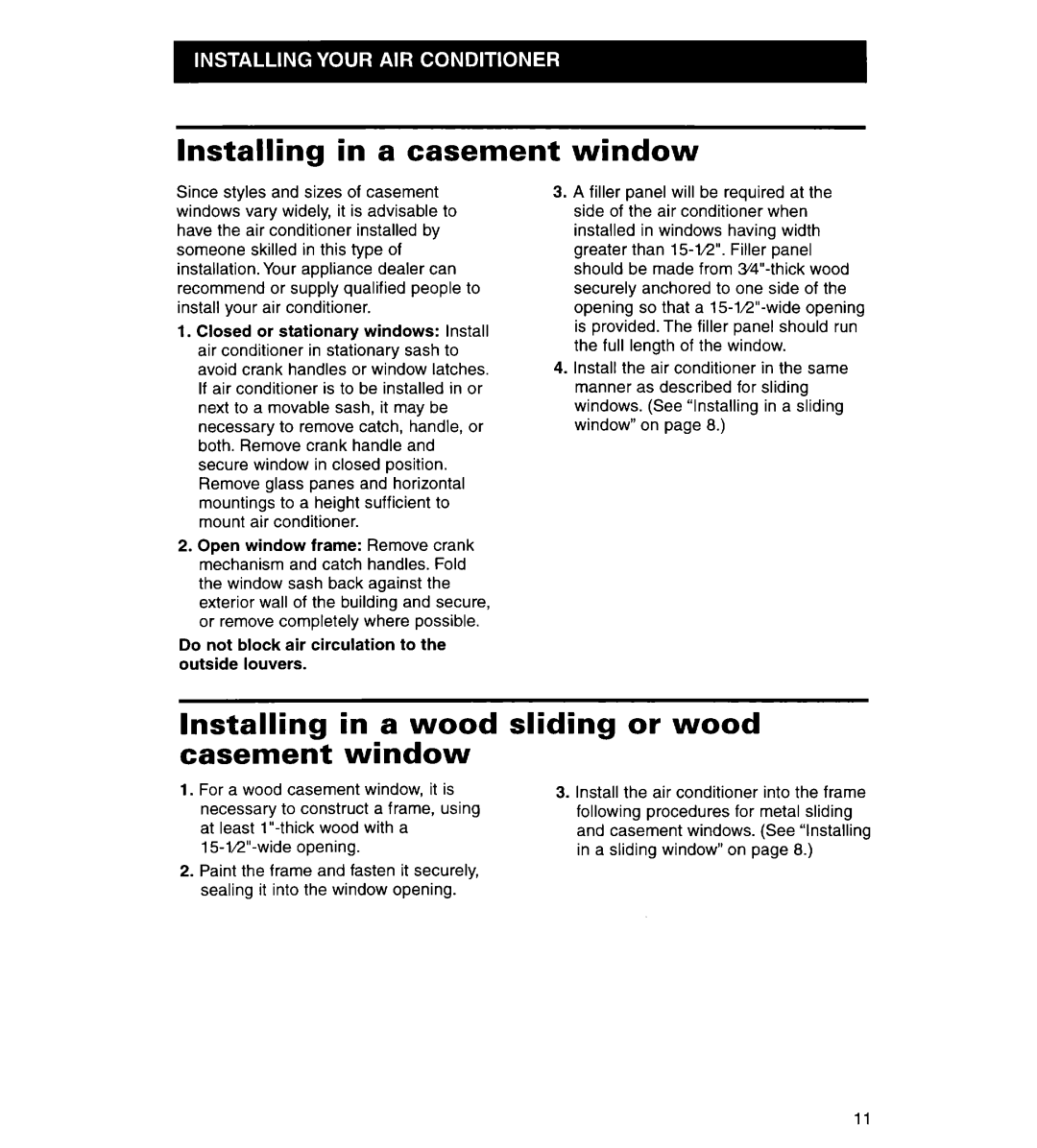 Whirlpool ACS102XG, ACS072XG warranty Installing in a casement window, Installing in a wood casement window, Sliding or wood 