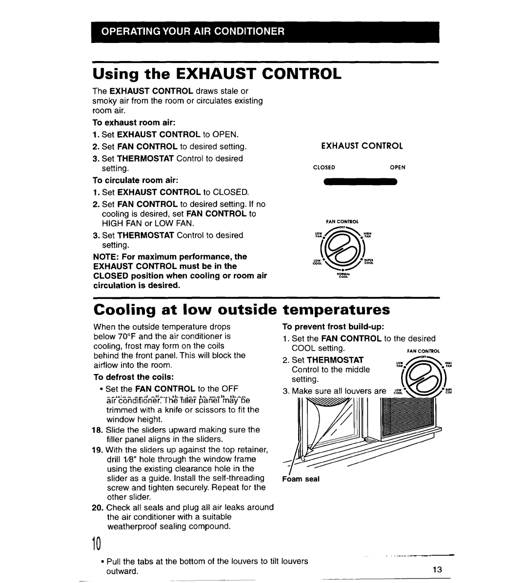 Whirlpool ACS102XG, ACS072XG Using the Exhaust Control, Cooling at low outside, Temperatures, Changing air direction 