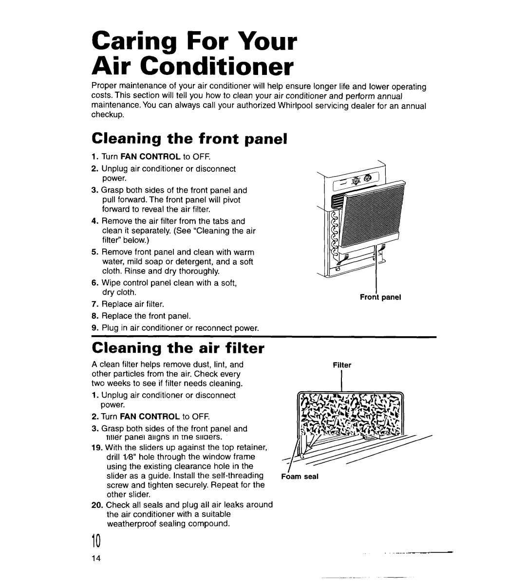 Whirlpool ACS072XG, ACS102XG warranty Caring For Your Air Conditioner, Cleaning the front panel, Cleaning the air filter 