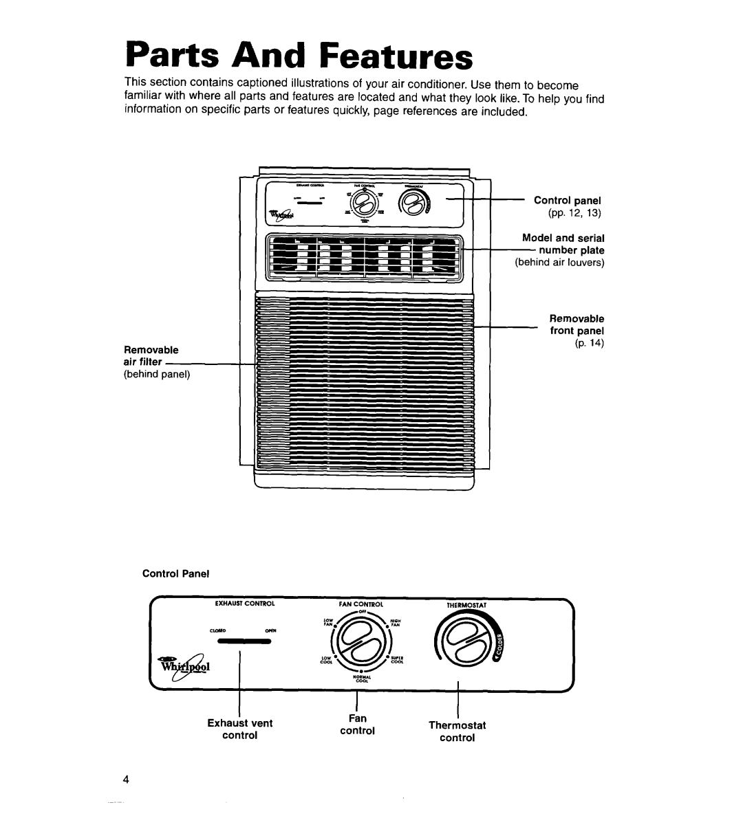 Whirlpool ACS072XG, ACS102XG warranty Parts And Features, Exhaust vent control 