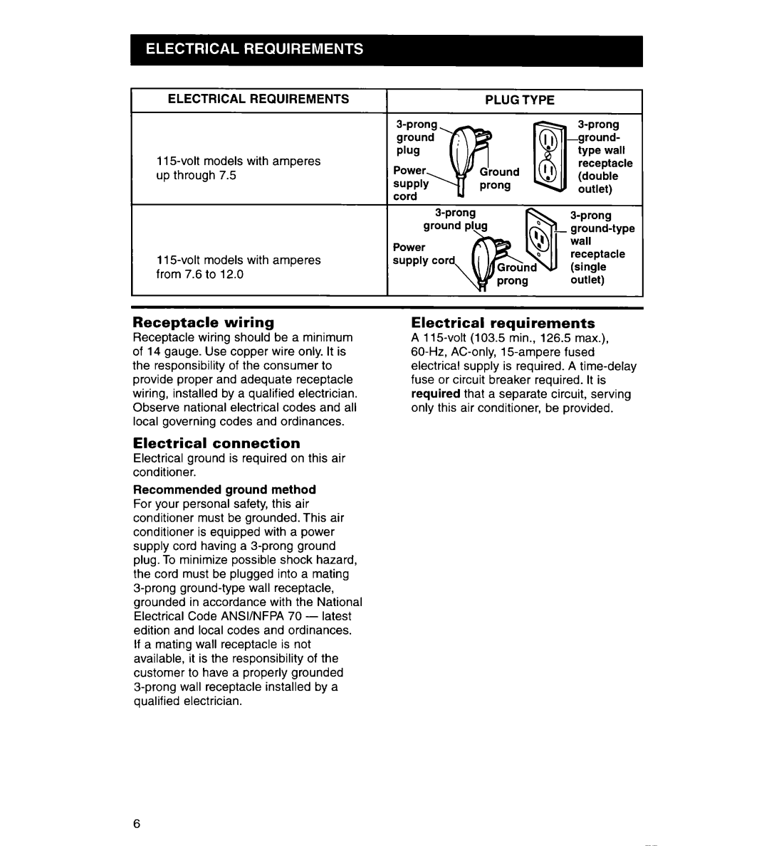 Whirlpool ACS072XG, ACS102XG warranty Receptacle wiring, Electrical connection, Electrical requirements 
