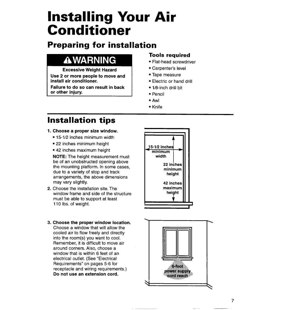 Whirlpool ACS102XG warranty Installing Your Air Conditioner, Preparing for installation, Installation tips, Tools required 