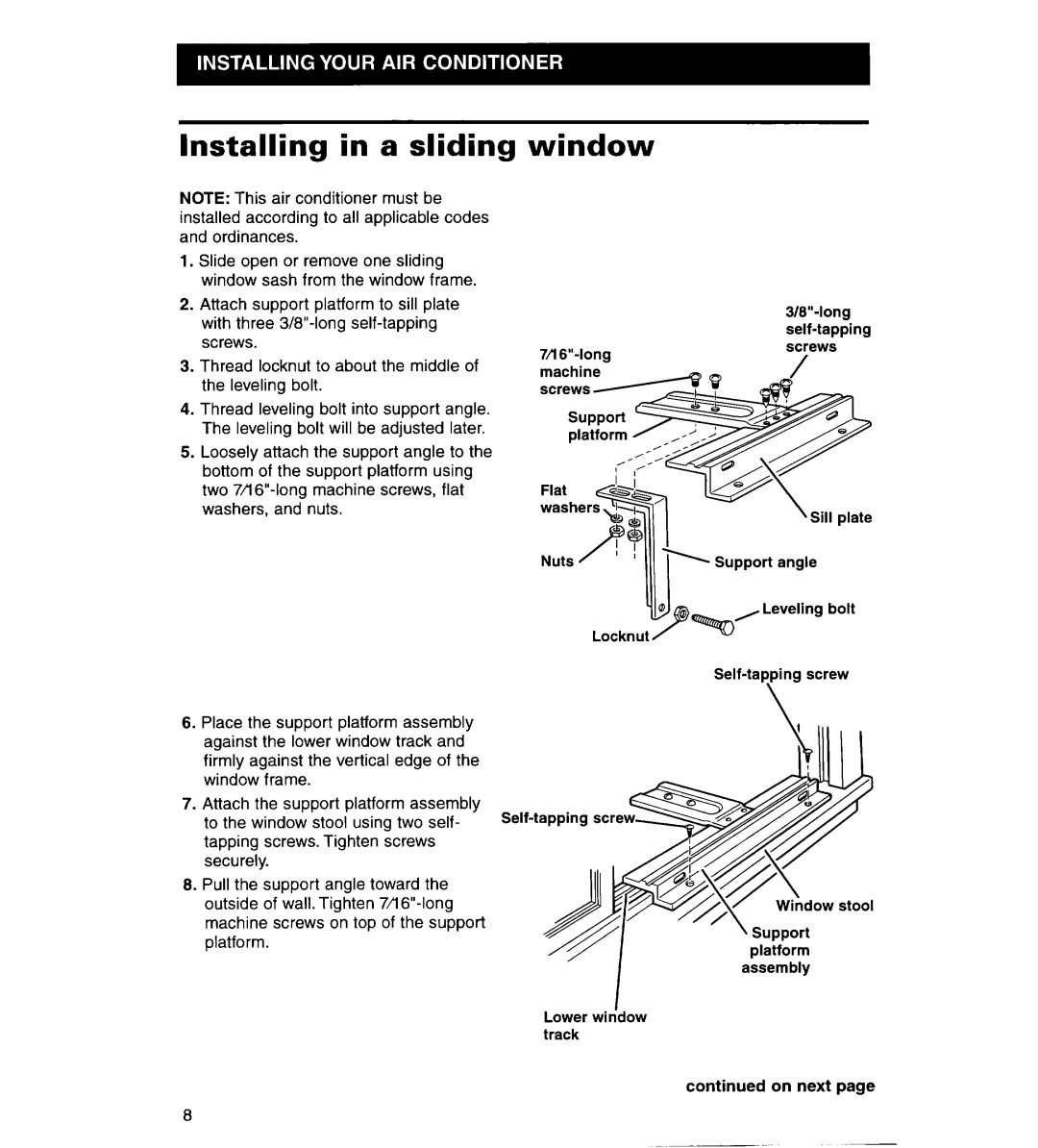 Whirlpool ACS072XG, ACS102XG warranty Installing in a sliding window 