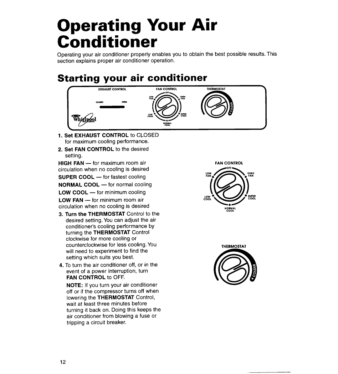 Whirlpool ACS072XG, ACS102XG warranty Operating Your Air Conditioner, Starting, air conditioner, your 