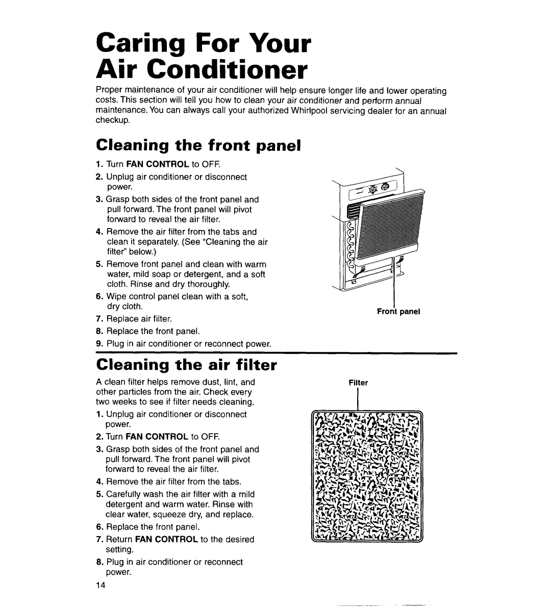 Whirlpool ACS072XG, ACS102XG warranty Caring For Your Air Conditioner, Cleaning the front panel, Cleaning the air filter 