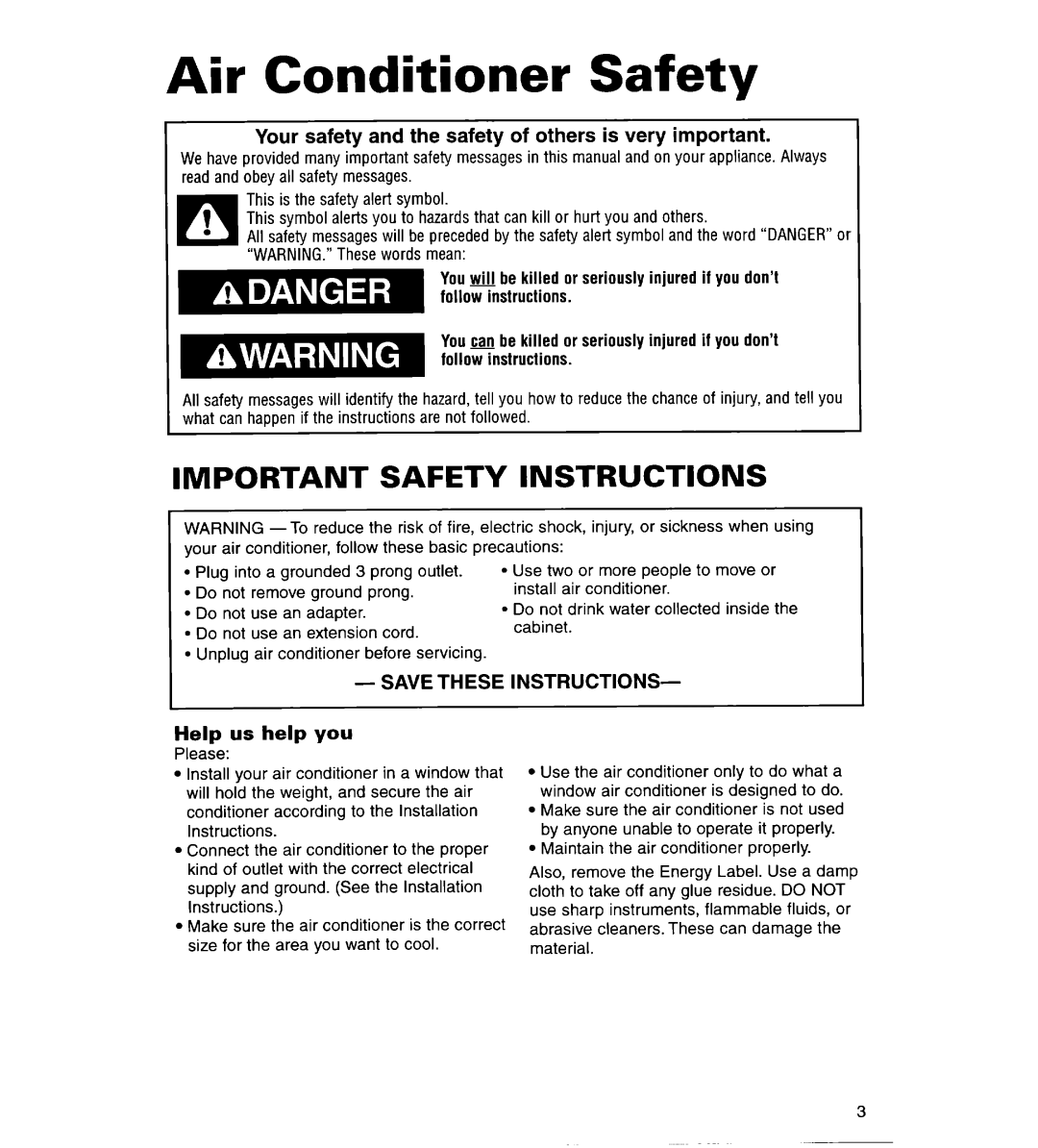 Whirlpool ACS102XG, ACS072XG warranty Air Conditioner Safety, Important Safety Instructions 