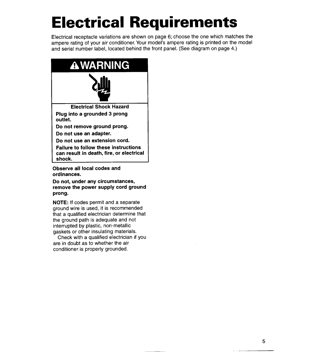 Whirlpool ACS102XG, ACS072XG warranty Electrical Requirements 