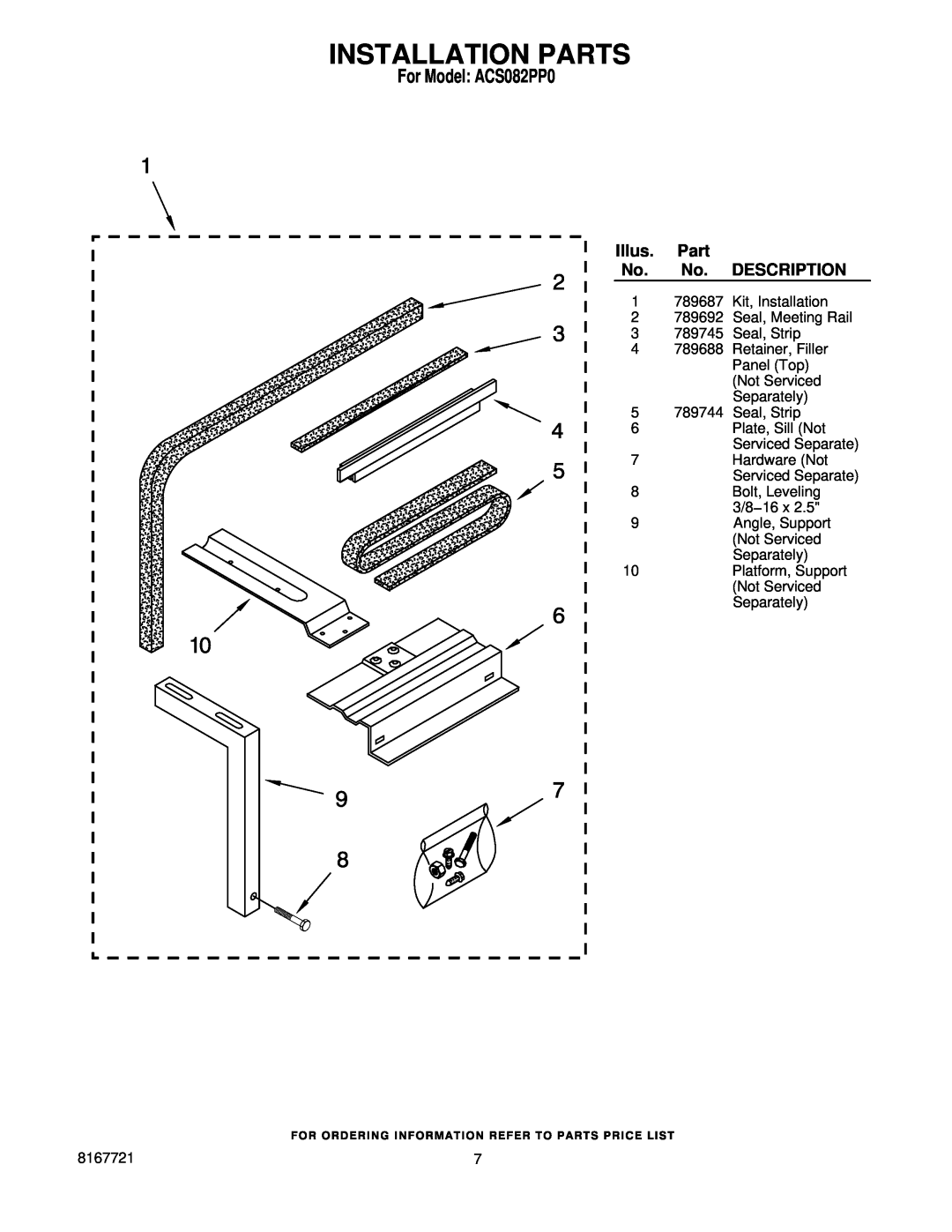 Whirlpool manual Installation Parts, Illus, Description, For Model ACS082PP0 