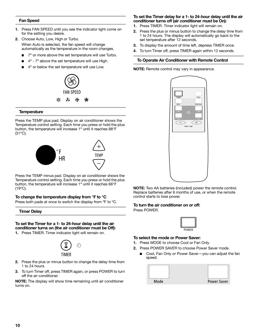 Whirlpool ACS088PR0 manual Fan Speed, Temperature, To change the temperature display from F to C, Timer Delay 