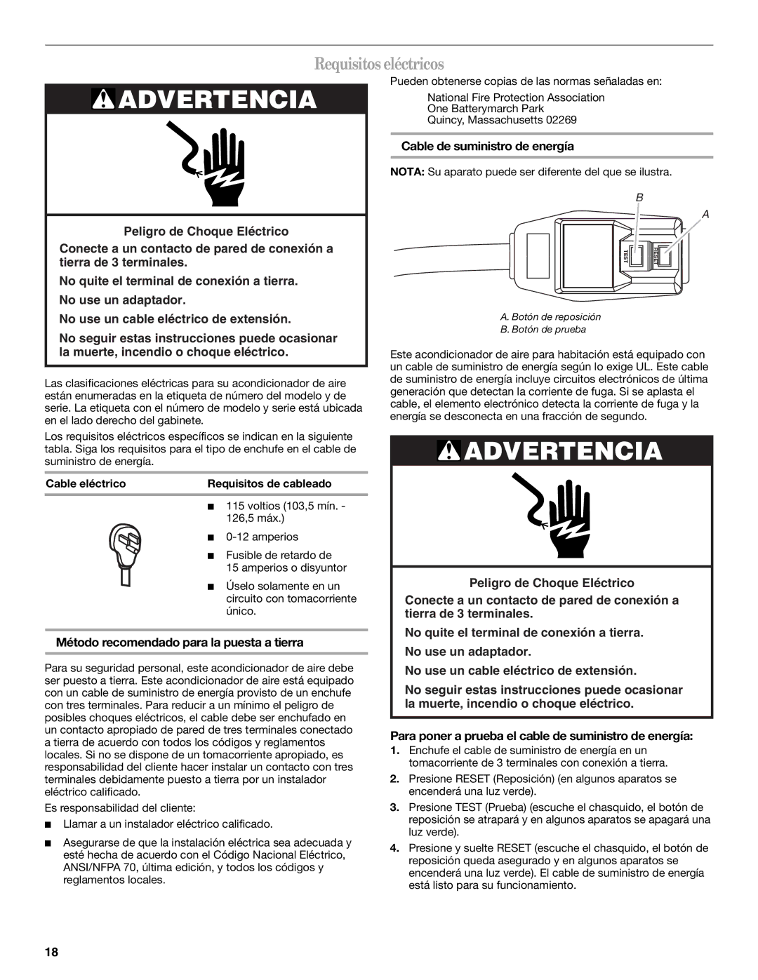 Whirlpool ACS088PR0 Requisitos eléctricos, Método recomendado para la puesta a tierra, Cable de suministro de energía 