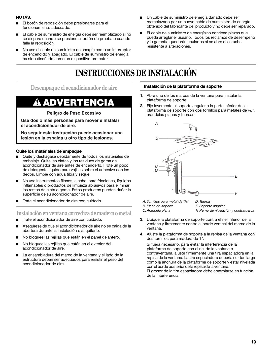 Whirlpool ACS088PR0 manual Instrucciones DE Instalación, Desempaqueelacondicionadorde aire, Notas 