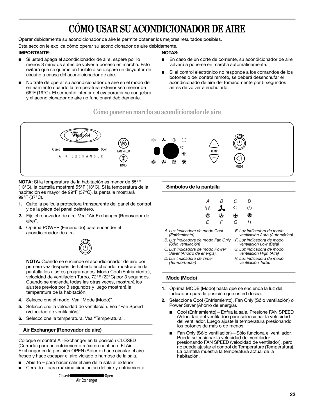 Whirlpool ACS088PR0 manual Cómo Usar SU Acondicionador DE Aire, Cómoponeren marcha suacondicionadorde aire, Mode Modo 