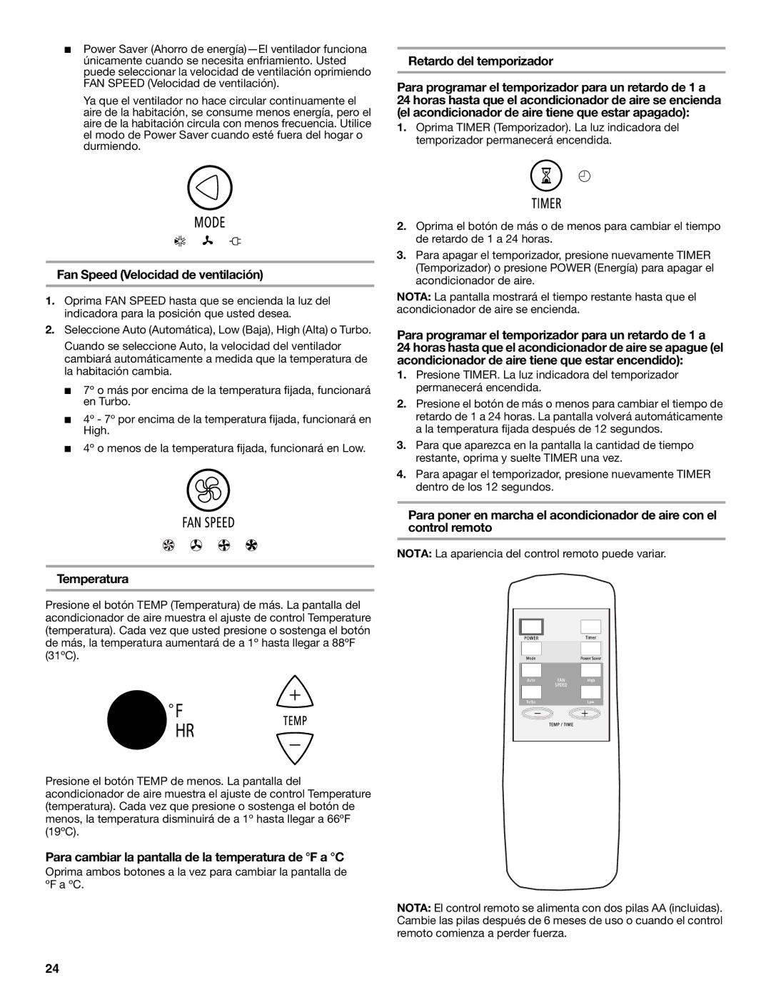 Whirlpool ACS088PR0 Fan Speed Velocidad de ventilación, Temperatura, Para cambiar la pantalla de la temperatura de F a C 