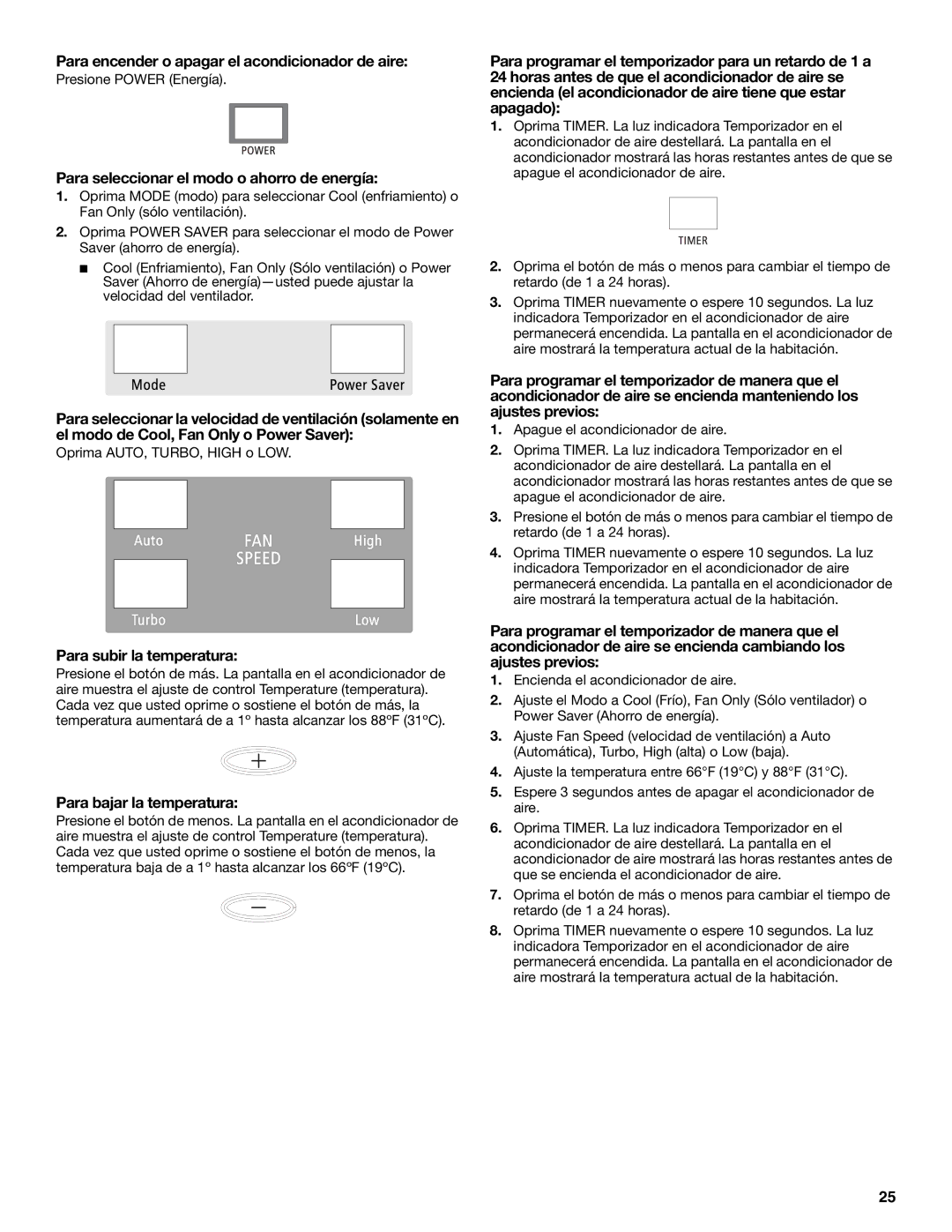 Whirlpool ACS088PR0 manual Para encender o apagar el acondicionador de aire, Para seleccionar el modo o ahorro de energía 