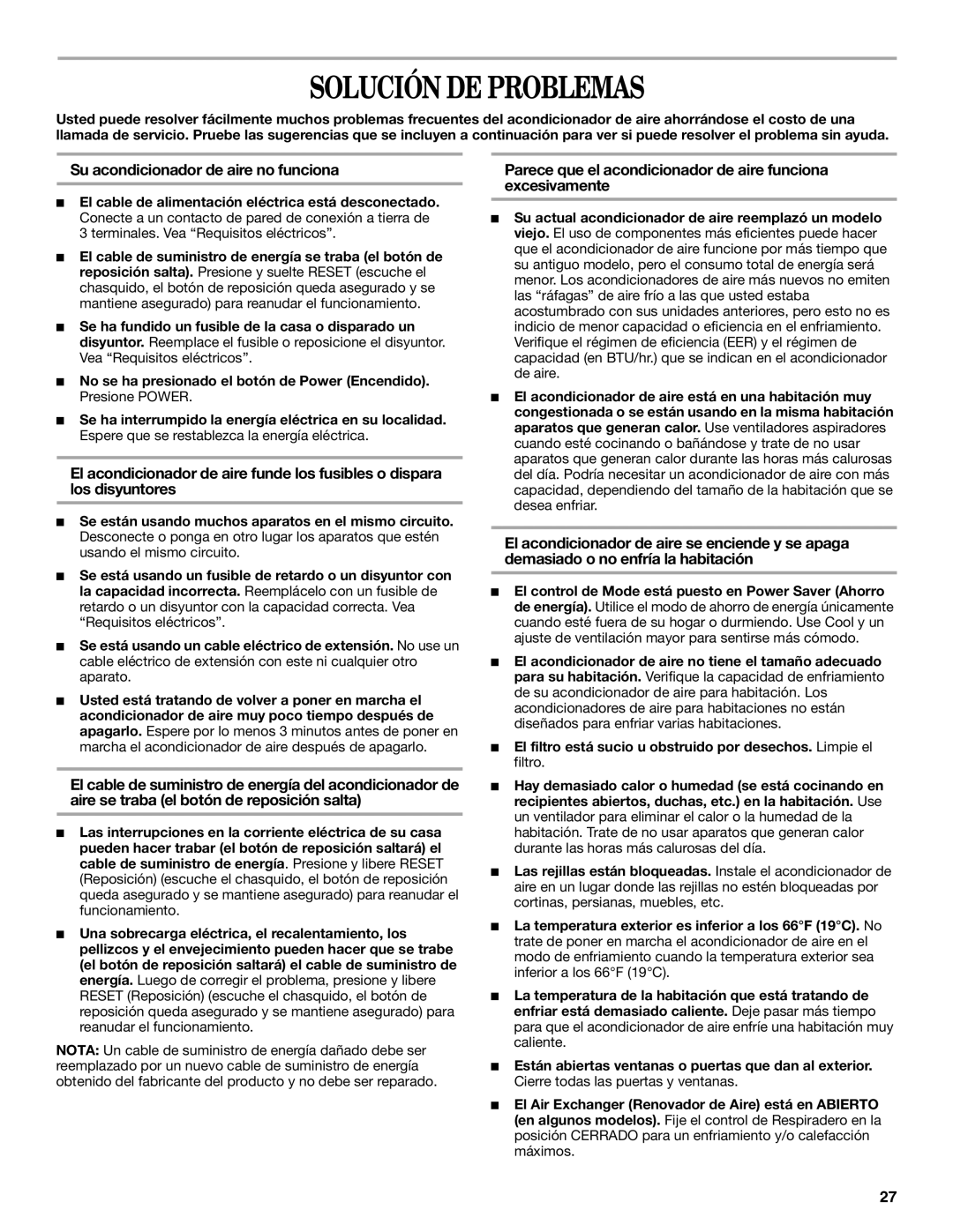 Whirlpool ACS088PR0 manual Solución DE Problemas, Su acondicionador de aire no funciona 