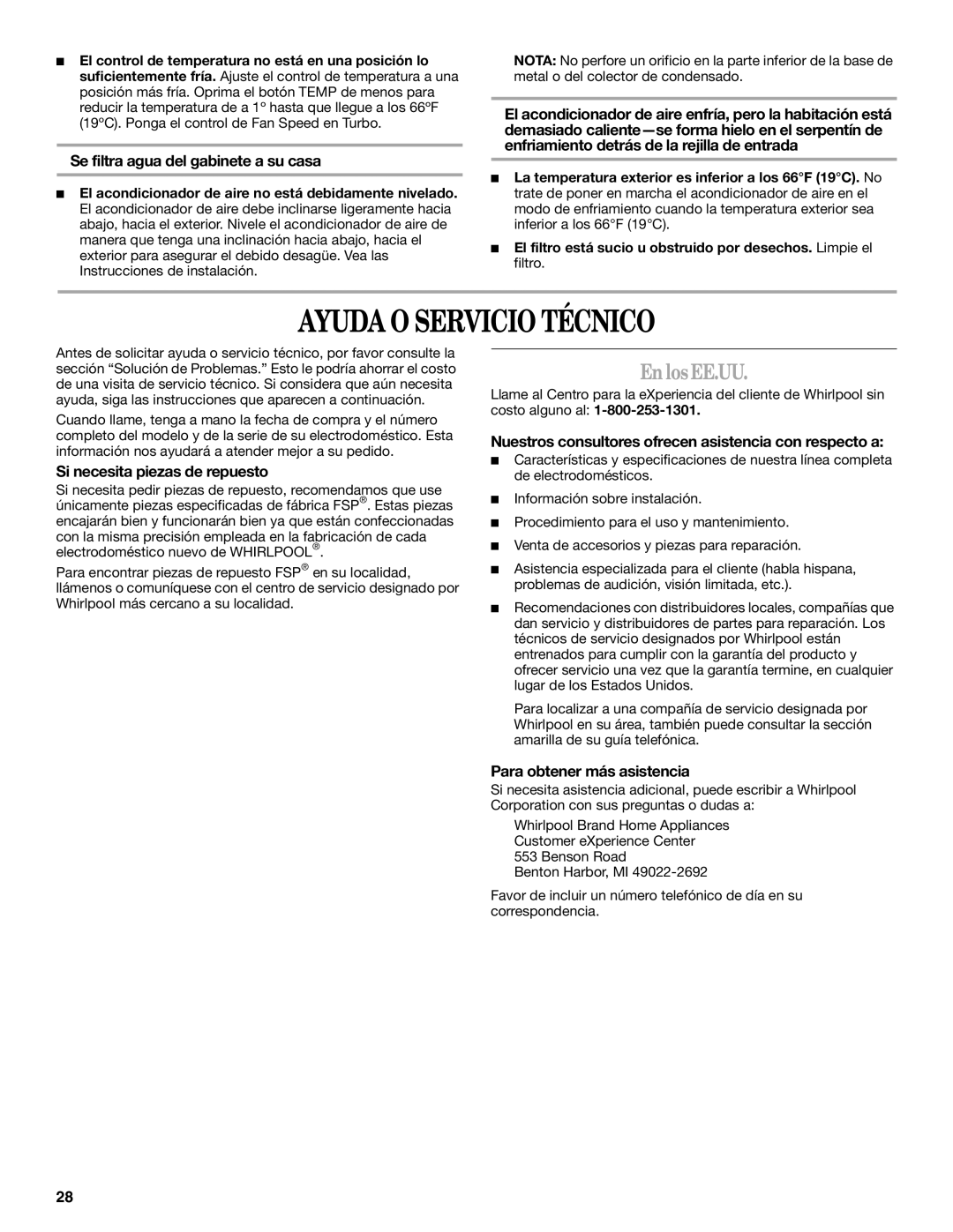 Whirlpool ACS088PR0 manual Ayuda O Servicio Técnico, En losEE.UU 