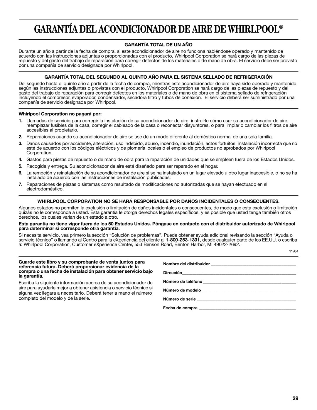 Whirlpool ACS088PR0 manual Garantía DEL Acondicionador DE Aire DE Whirlpool, Garantía Total DE UN AÑO 