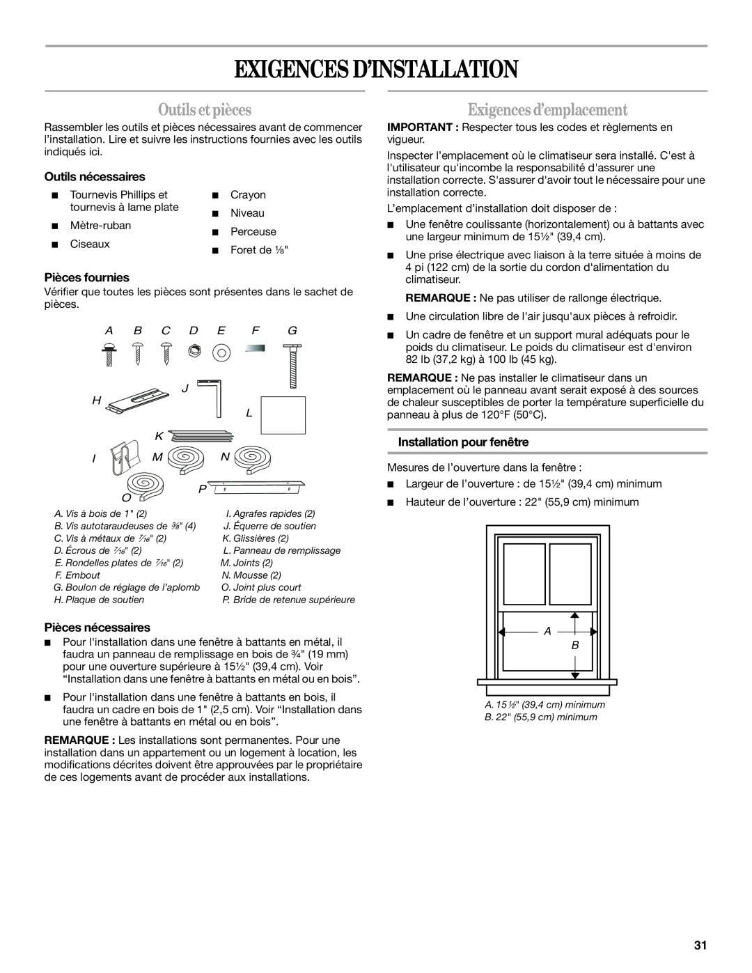 Whirlpool ACS088PR0 manual Exigences D’INSTALLATION, Outils etpièces, Exigences d’emplacement 