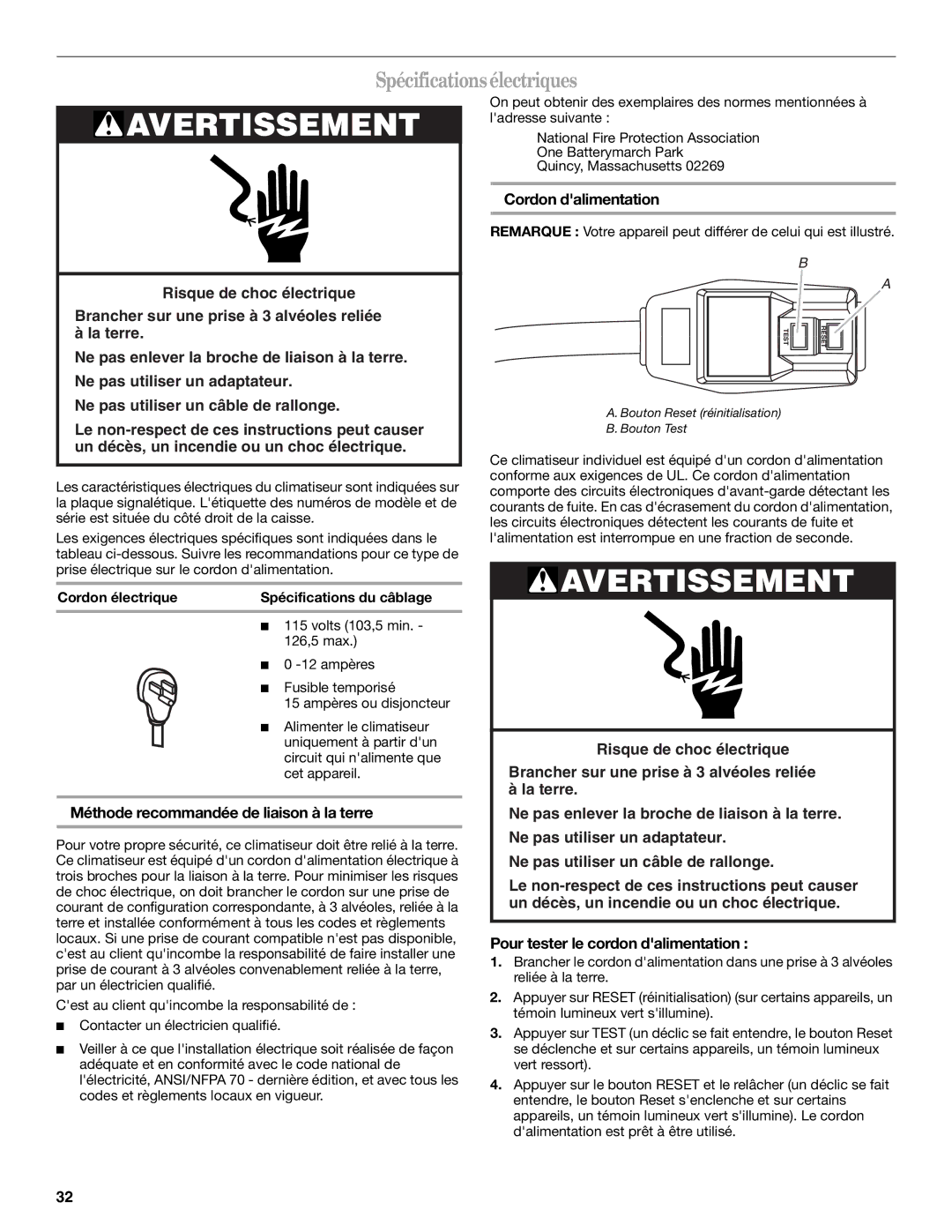 Whirlpool ACS088PR0 manual Spécificationsélectriques, Méthode recommandée de liaison à la terre, Cordon dalimentation 