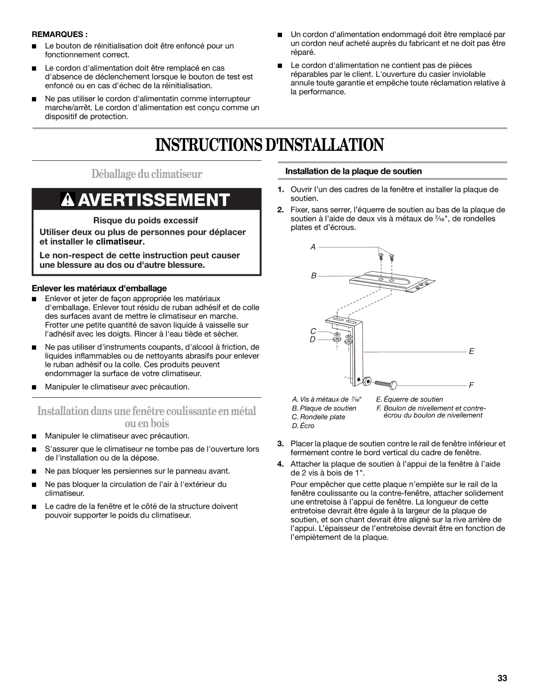 Whirlpool ACS088PR0 Instructions Dinstallation, Déballageduclimatiseur, Ou enbois, Installation de la plaque de soutien 