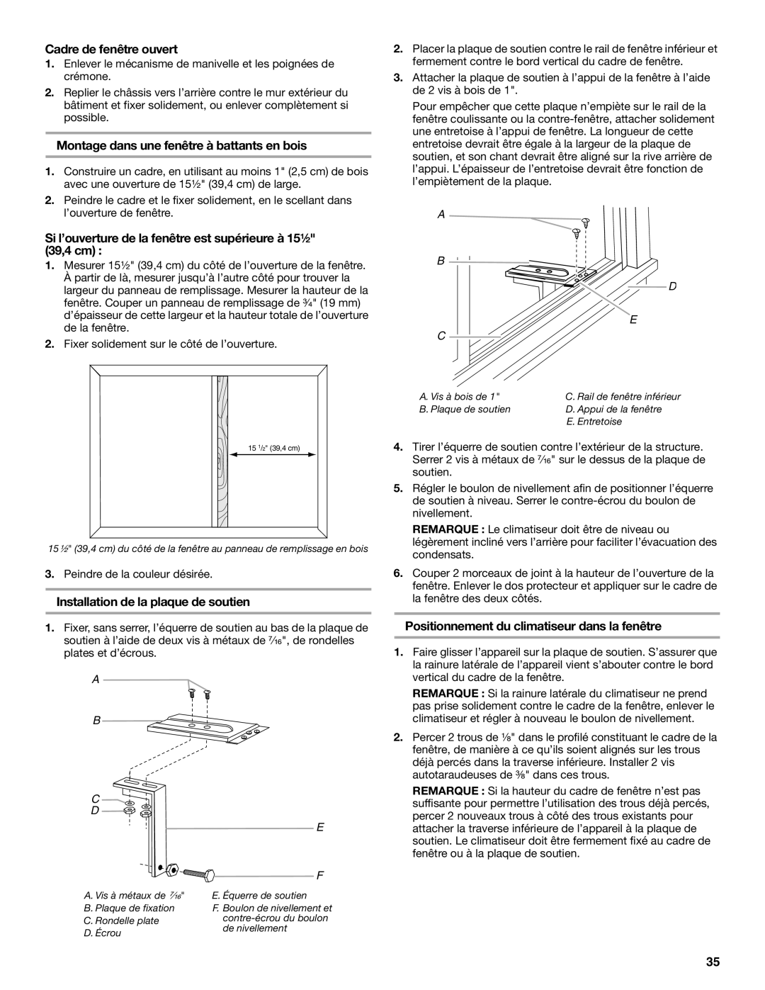 Whirlpool ACS088PR0 manual Cadre de fenêtre ouvert, Montage dans une fenêtre à battants en bois 