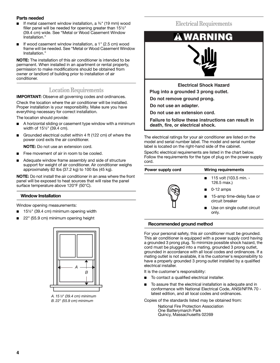 Whirlpool ACS088PR0 manual LocationRequirements, Electrical Requirements, Parts needed, Window Installation 