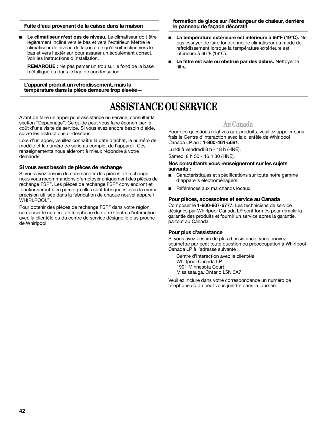 Whirlpool ACS088PR0 manual Assistance OU Service, Au Canada 