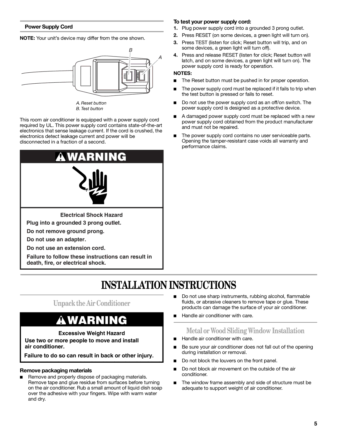 Whirlpool ACS088PR0 manual Installation Instructions, UnpacktheAir Conditioner, MetalorWoodSlidingWindow Installation 