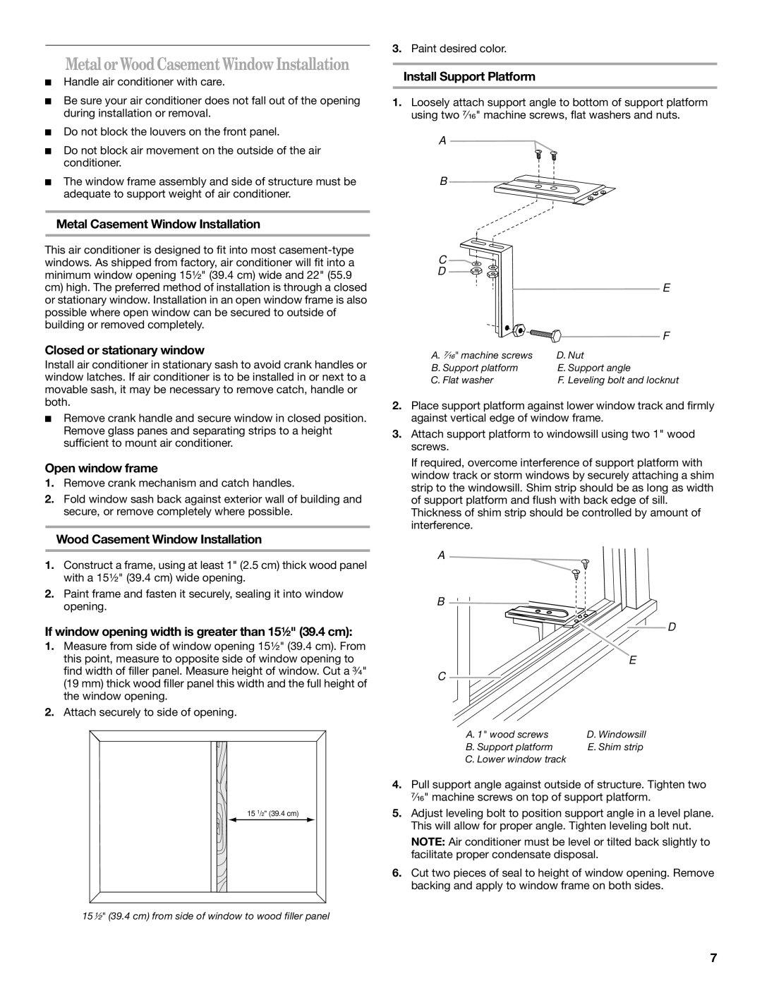 Whirlpool ACS088PR0 manual Metal Casement Window Installation, Closed or stationary window, Open window frame 