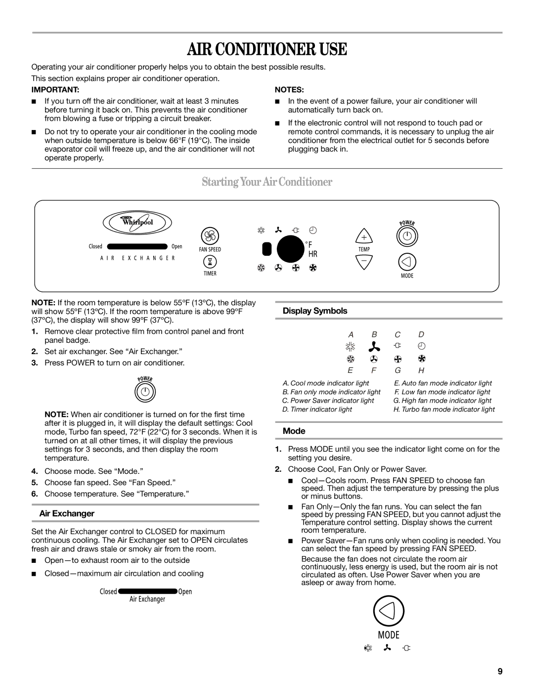 Whirlpool ACS088PR0 manual AIR Conditioner USE, StartingYourAirConditioner, Display Symbols, Air Exchanger, Mode 