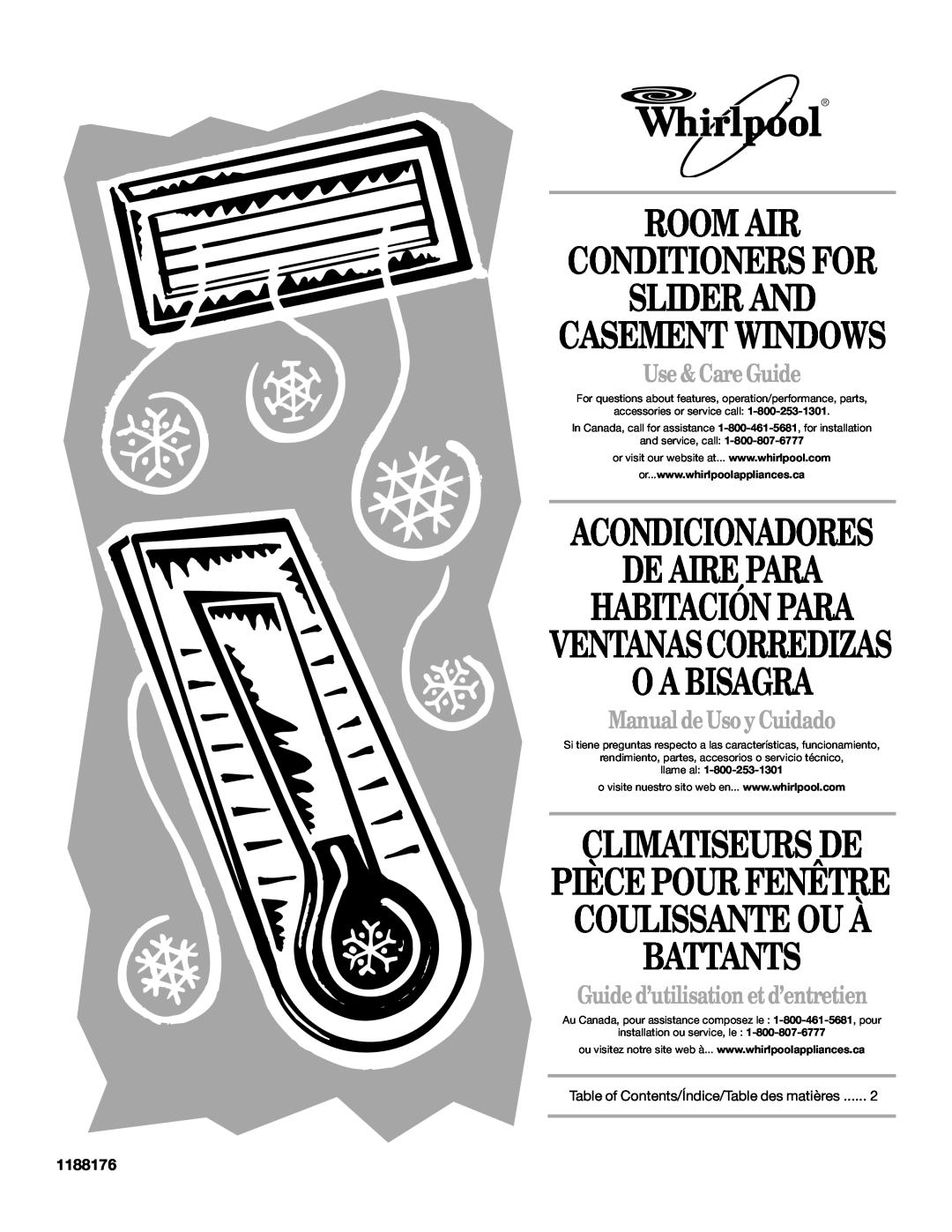 Whirlpool ACS088PR0 manual 1188176, Room Air Conditioners For Slider And, De Aire Para Habitación Para Ventanascorredizas 